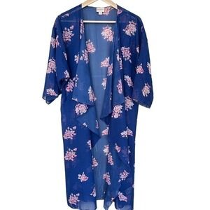 Lularoe LLR Med Shirley Sheer Chiffon Kimono Size M Beachy Blue Floral Flowy NWT